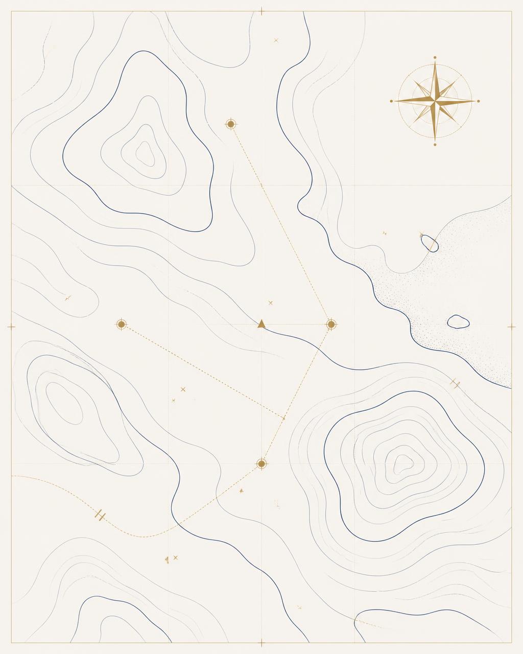 Editorial illustration of a topographic survey map with a compass rose and plotted markers